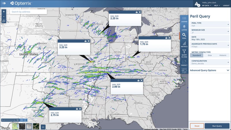 An Opterrix map showing estimated hail size data, from May 14-18, 2025.