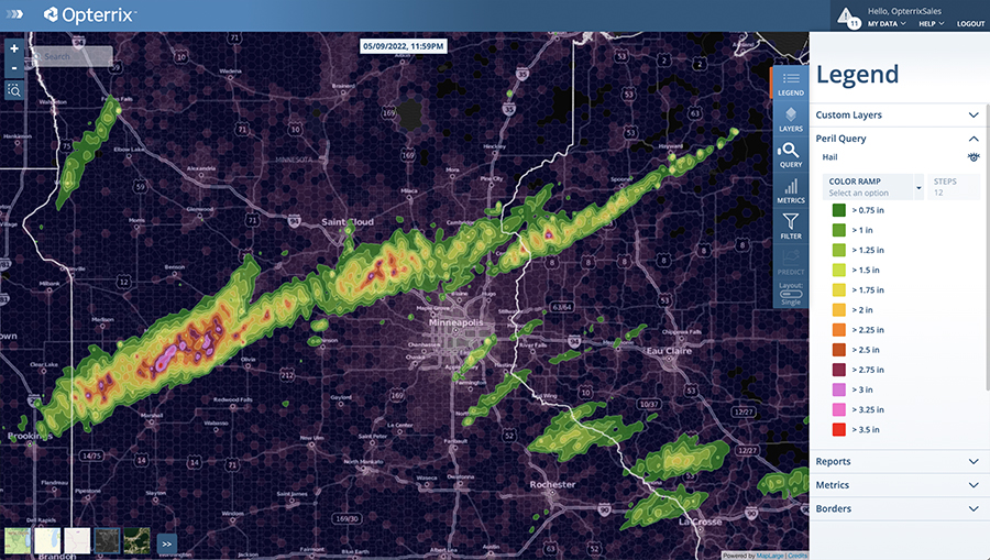 Opterrix historical hail data from North Central hail storms, May 9, 2022.