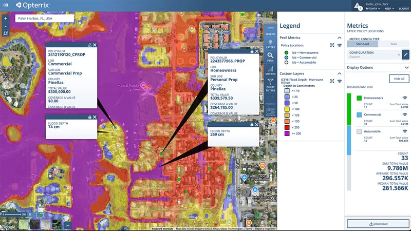 Opterrix map showing ICEYE flood depth data for Hurricane Milton, over Palm Harbor, FL. Impacted policy locations and key metrics are also listed.
