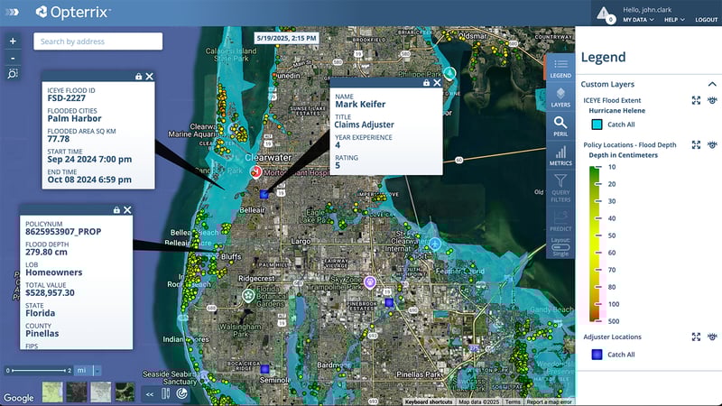 Opterrix map displaying ICEYE's flood extent data for Hurricane Helene over Clearwater, FL, with affected policies color-coded by flood depth and nearby claims adjuster locations.