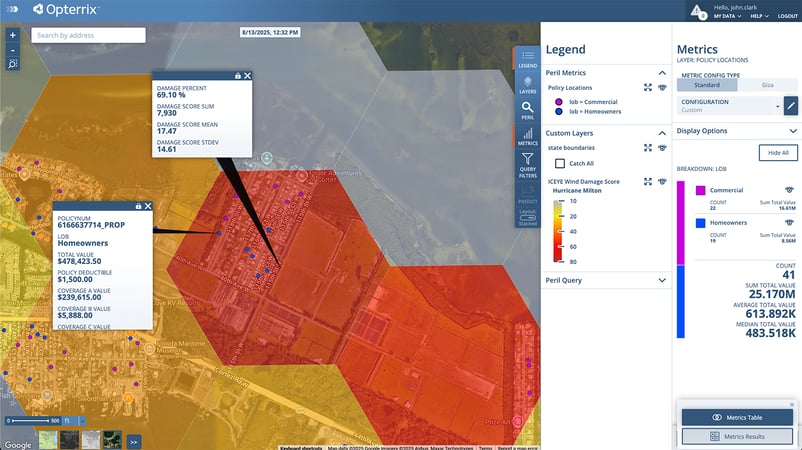 Opterrix map of ICEYE wind damage score with locations and metrics of impacted policies.