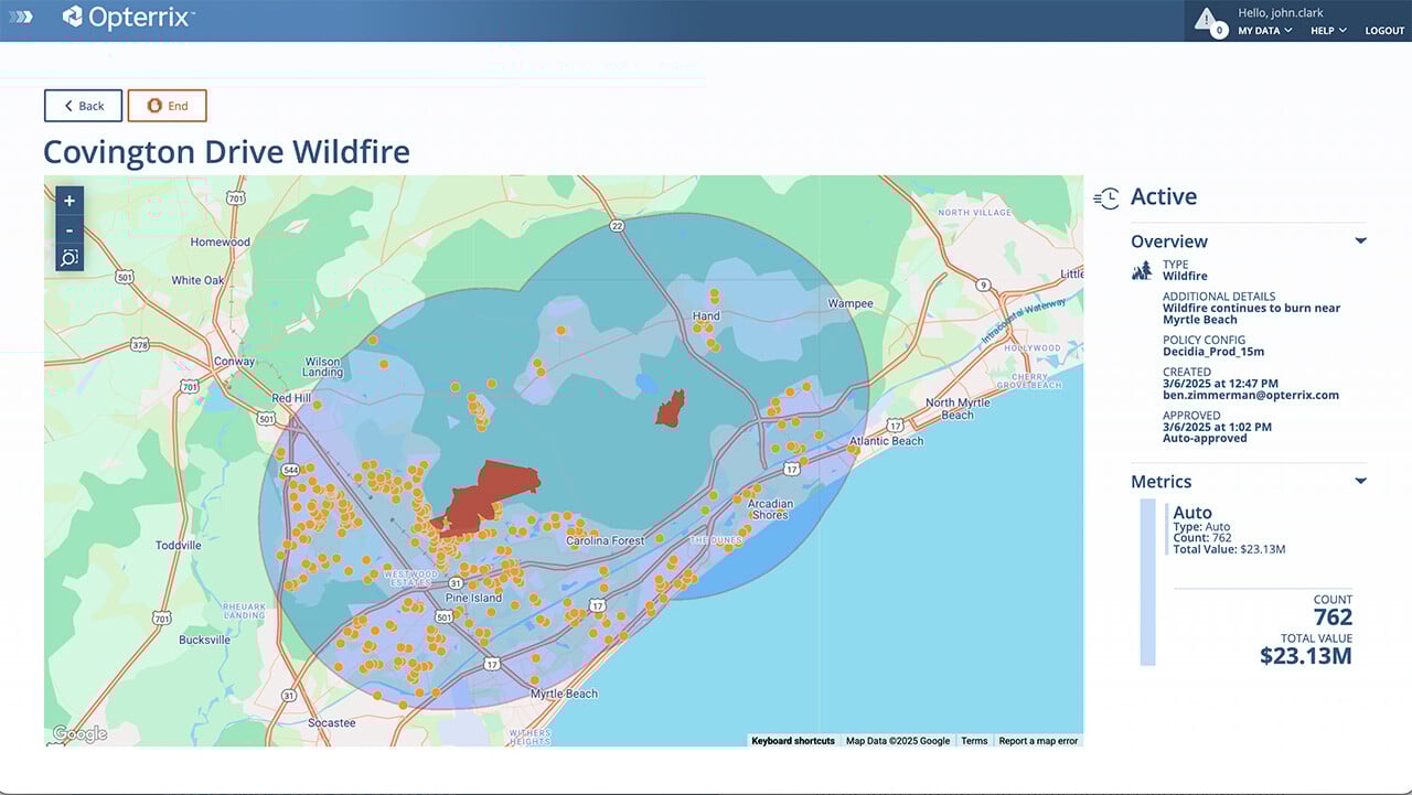 Operrix wildfire moratorium tool with a 5-mile buffer around the fire perimeters.
