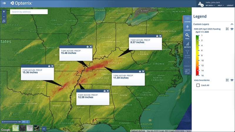 Map of the massive flooding in the Tennessee Valley, April 1-7, 2025, visualized in the Opterrix platform.