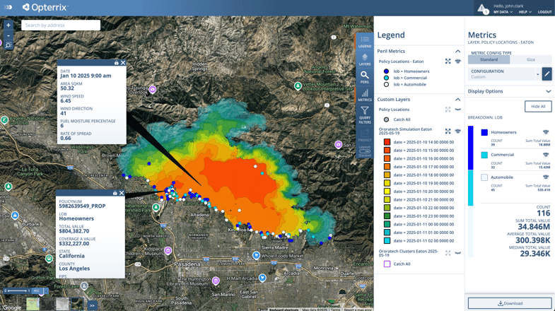 OroraTech Fire Spread modeling integrated into the Opterrix platform, visualizing affected policyholders in the Eaton Fire.