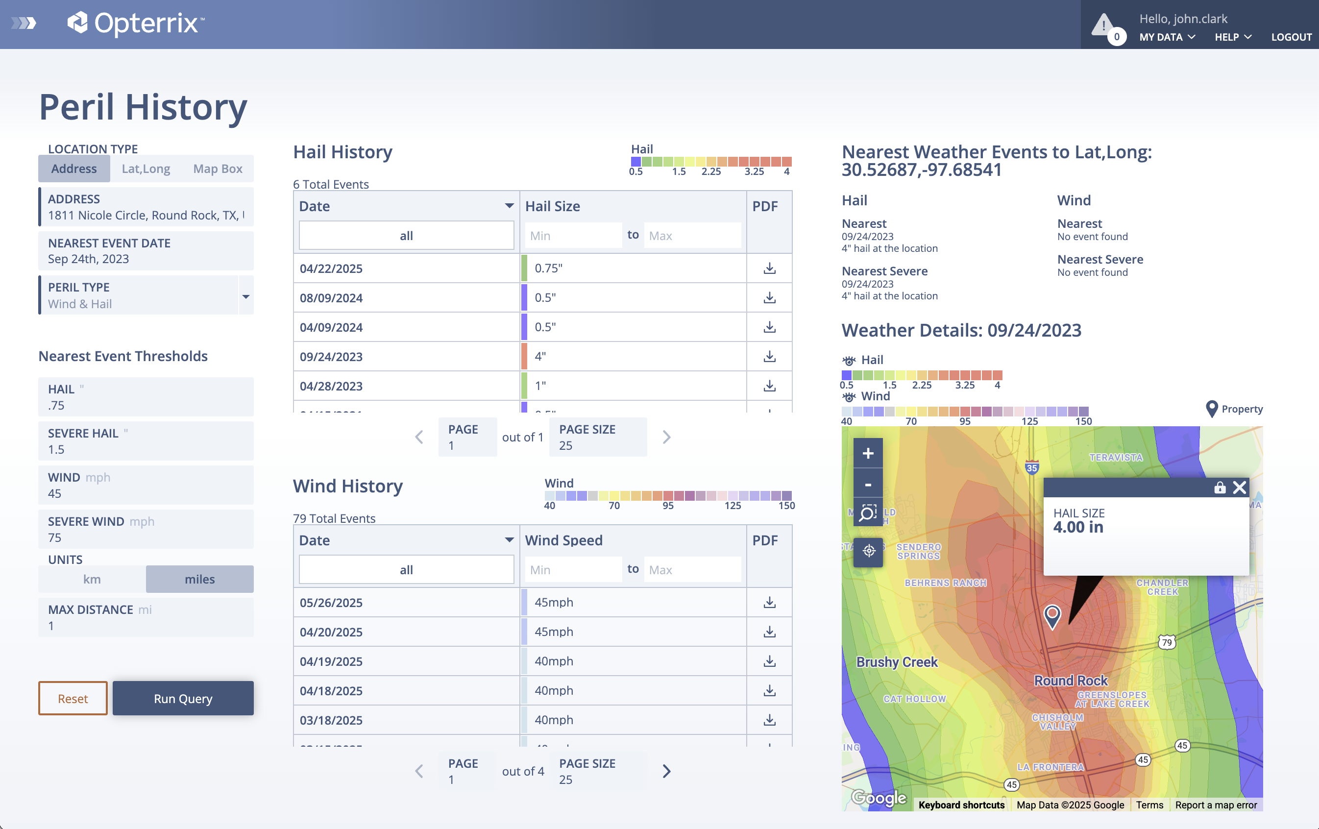 The Peril history tool from Opterrix provides a comprehensive analysis of impactful weather and natural hazard events at a location.