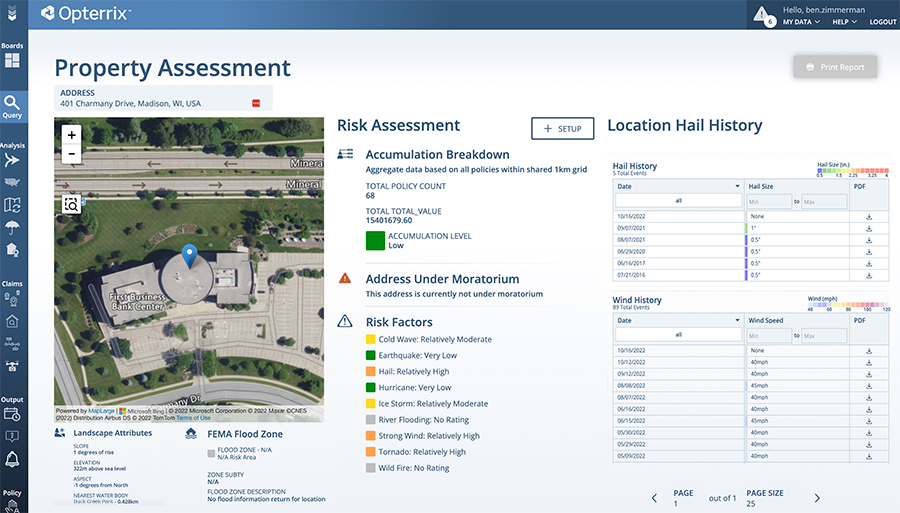 Property Assessment Tool showing a location's weather history, moratorium status, risk factors, FEMA flood zone, and landscape attributes.