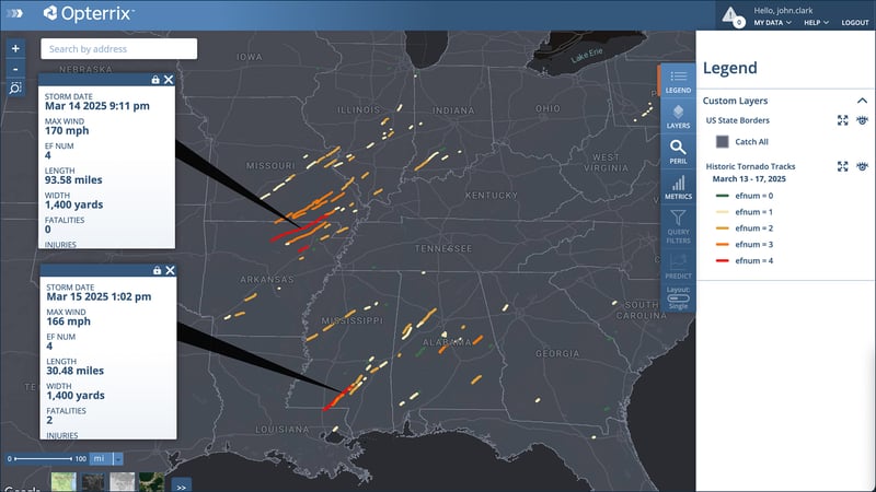 Map of tornado tracks from the Central US Tornado Outbreak from March of 2025, visualized on the Opterrix platform.