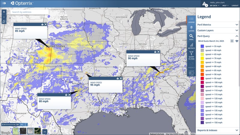 A map showing the wind gusts from the Severe Storms from March 3-5, 2025, visualized in the Opterrix platform.