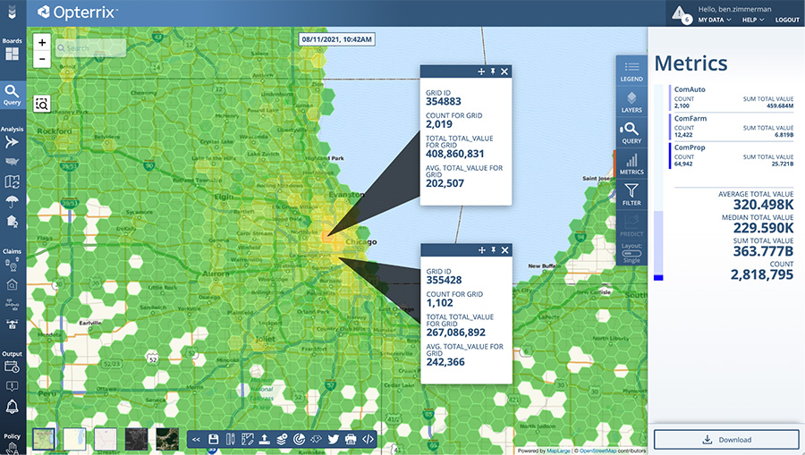 Portfolio Total Insured Value aggregated into 5km hex grids.