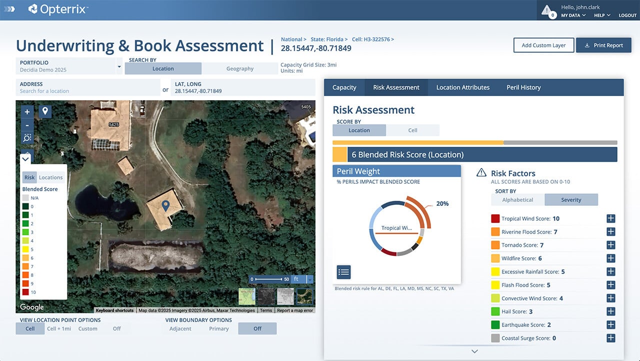 Opterrix Underwriting and Book Assessment tool displaying property-level risk peril scoring, and blended risk score.