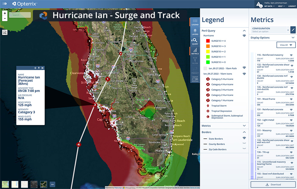 Hurricane Ian's projected track and storm surge along the Florida coastline. 