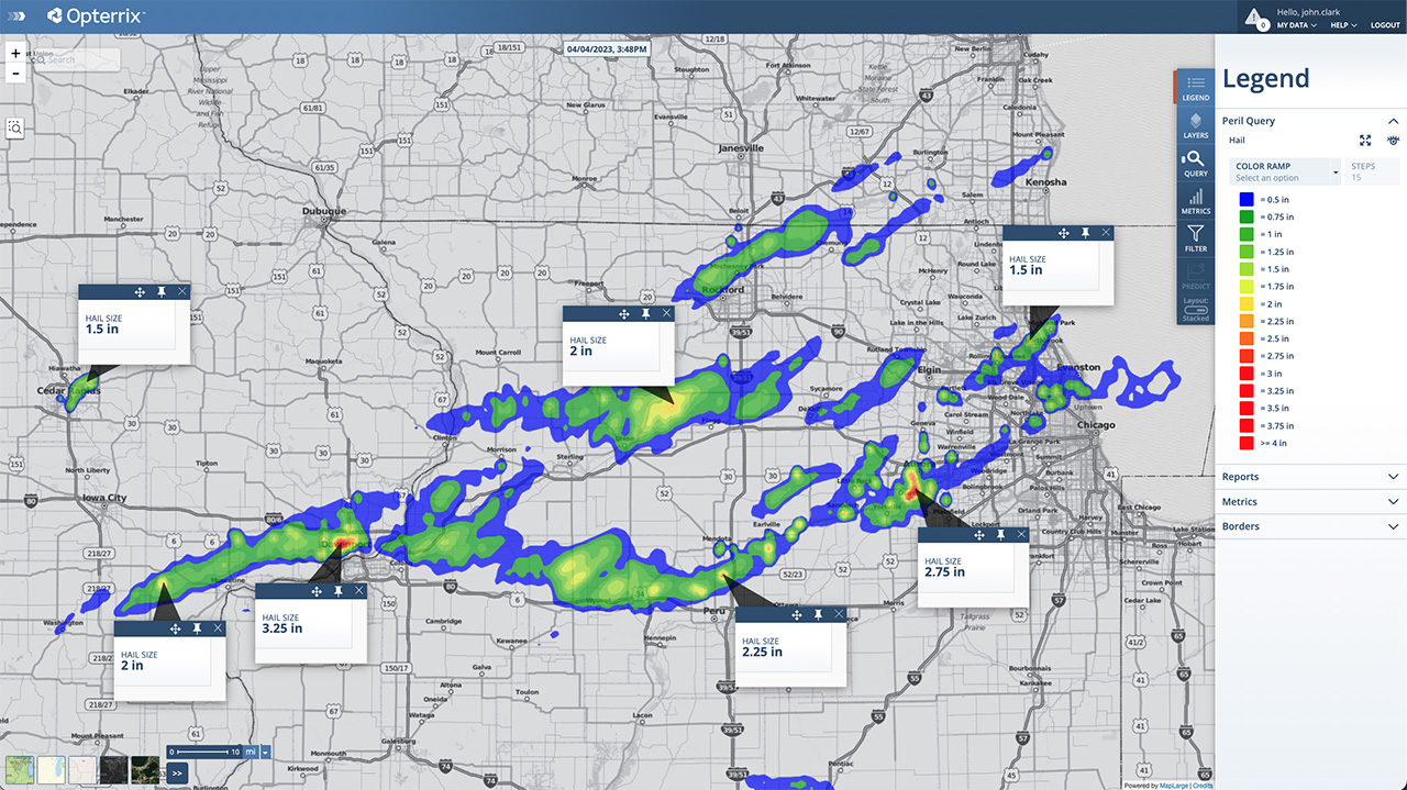 Estimated hail size across eastern Iowa and northern Illinois