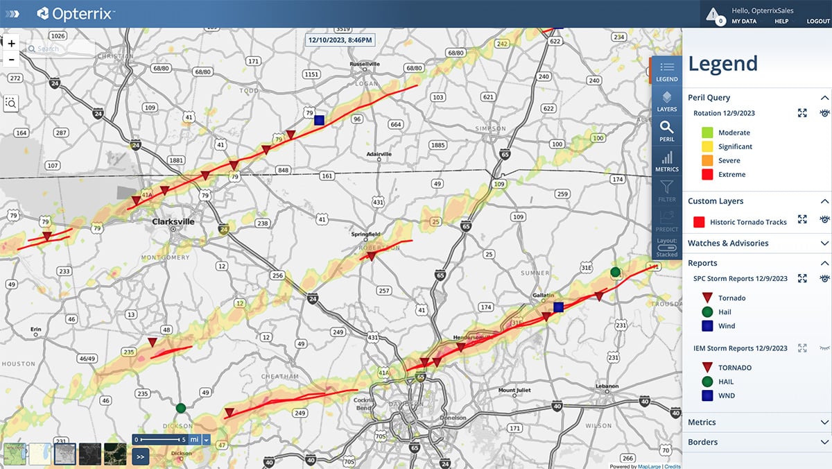 Map of tornado tracks and rotation data from Tennessee tornadoes December 9, 2023